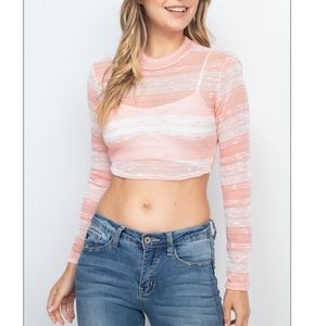 Peach & ivory long sleeve round neck textured knit striped crop top. NEW!
